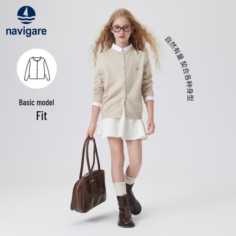 Navigare Girls' Elegant Wool Blend Round Neck Cardigan