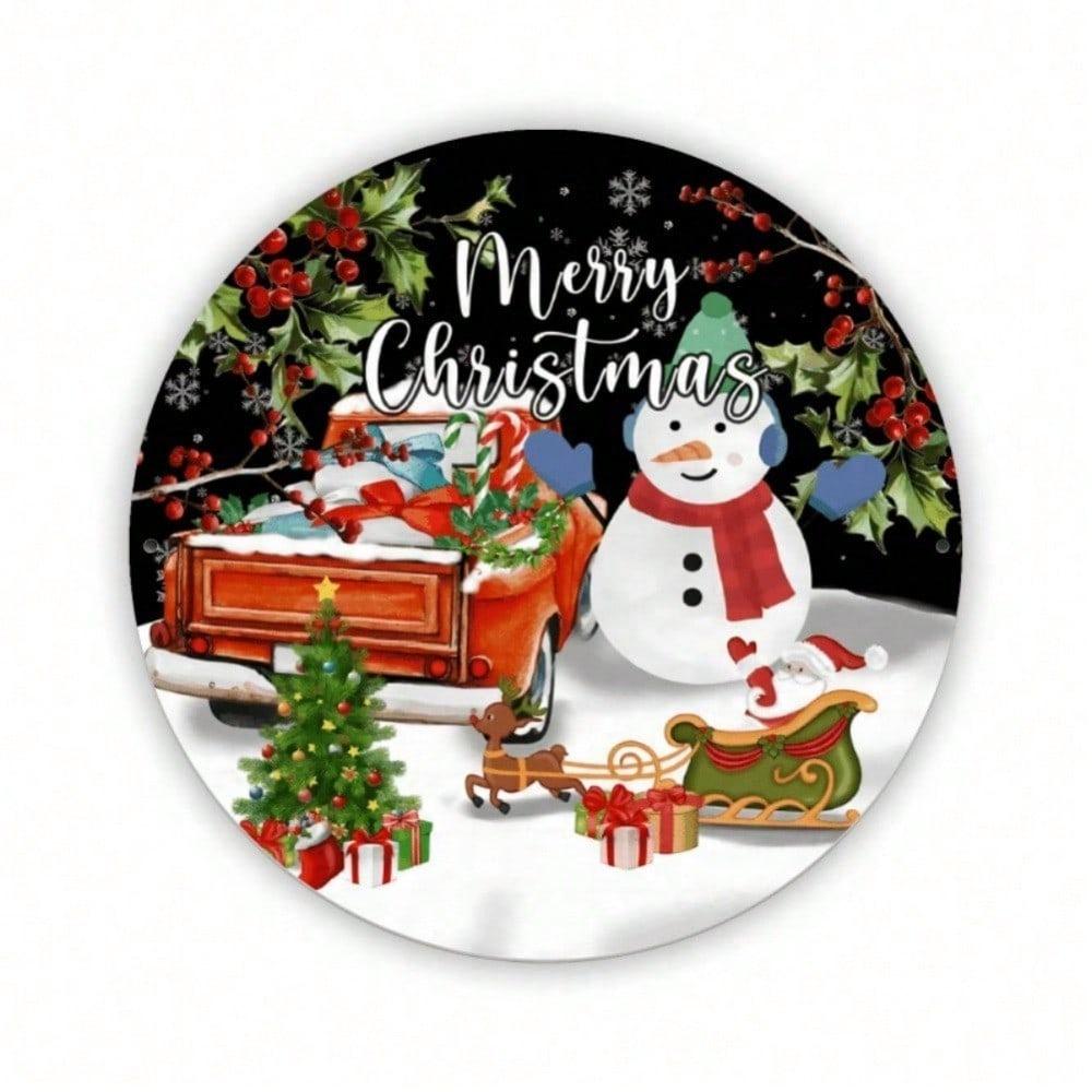 Merry Christmas Snowman Round Tin Sign 7.8 Inch Rustic Metal Wall Decor Pine Branches