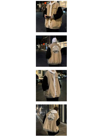 2025 Trend Men's Handsome Stand Collar Solid Color Patchwork Jacket with Letter Print - Fashionable Spring/Autumn Streetwear