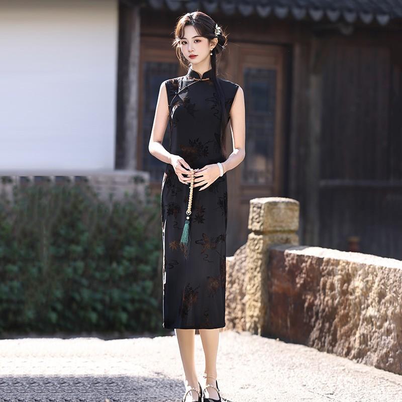Black Modern Chinese-Inspired Long Qipao Dress Women 2026 Slim Fit Sleeveless Stand Collar Small