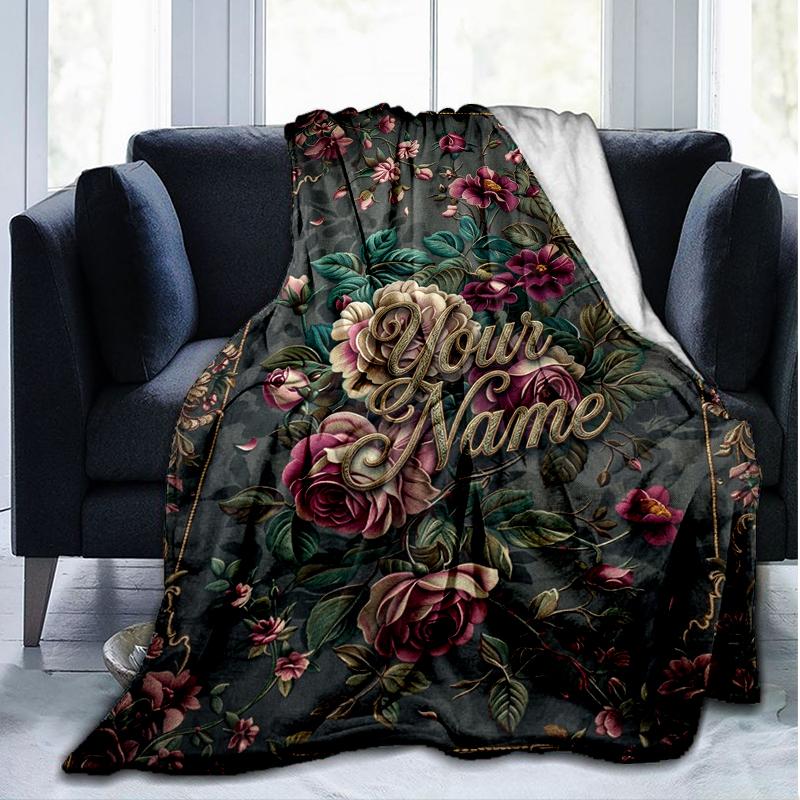 Custom Name Floral nameplate Flannel Fleece Blanket Cozy Warm Throw Blanket For Couch Bed Travel All Season Use