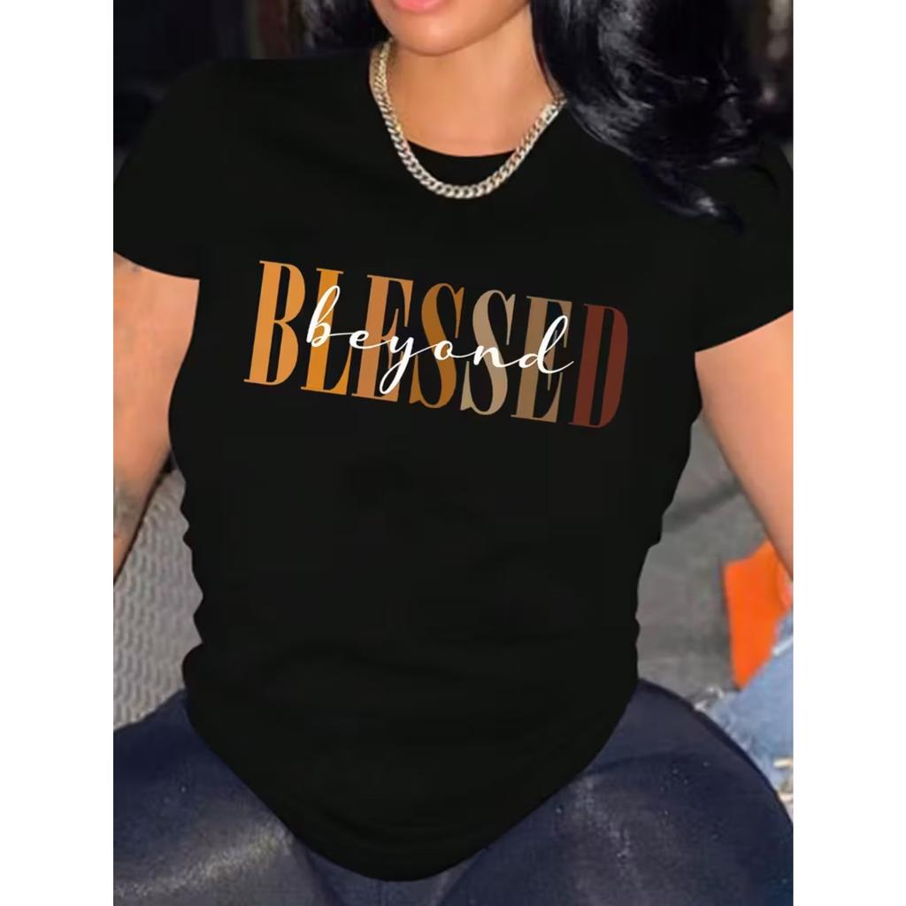 Blessed Letter Print Crew Neck T-shirt, Casual Short Sleeve Top for Spring & Summer, Women's Clothing
