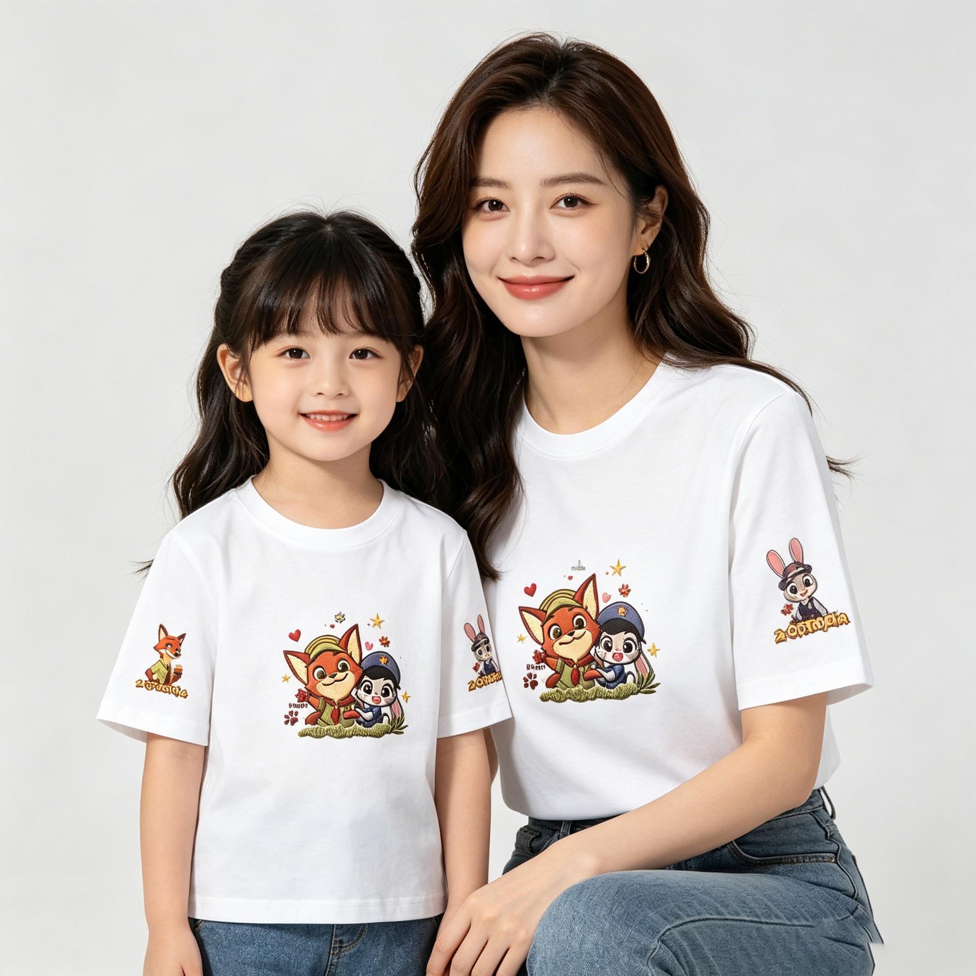 Mother-Daughter Matching Rabbit Police Officer Cotton T-Shirt - Short Sleeve Summer Outfit 110 (15-20 kg)