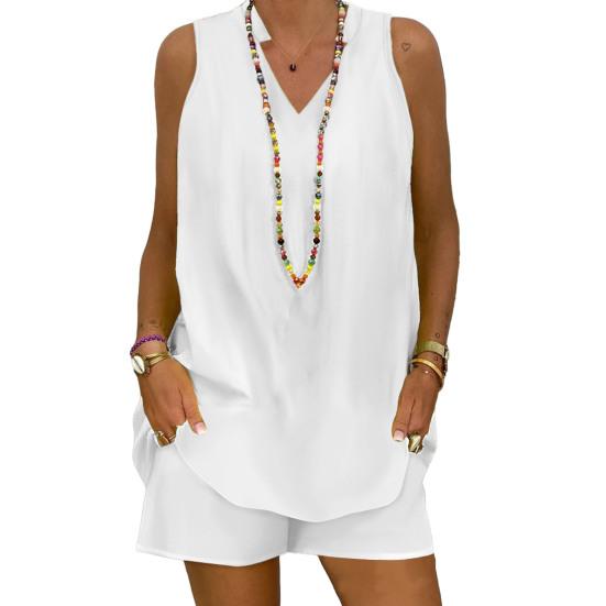 

2 Pcs/Set Women T-shirt Shorts Set Loose V Neck Sleeveless Stand Collar S білий