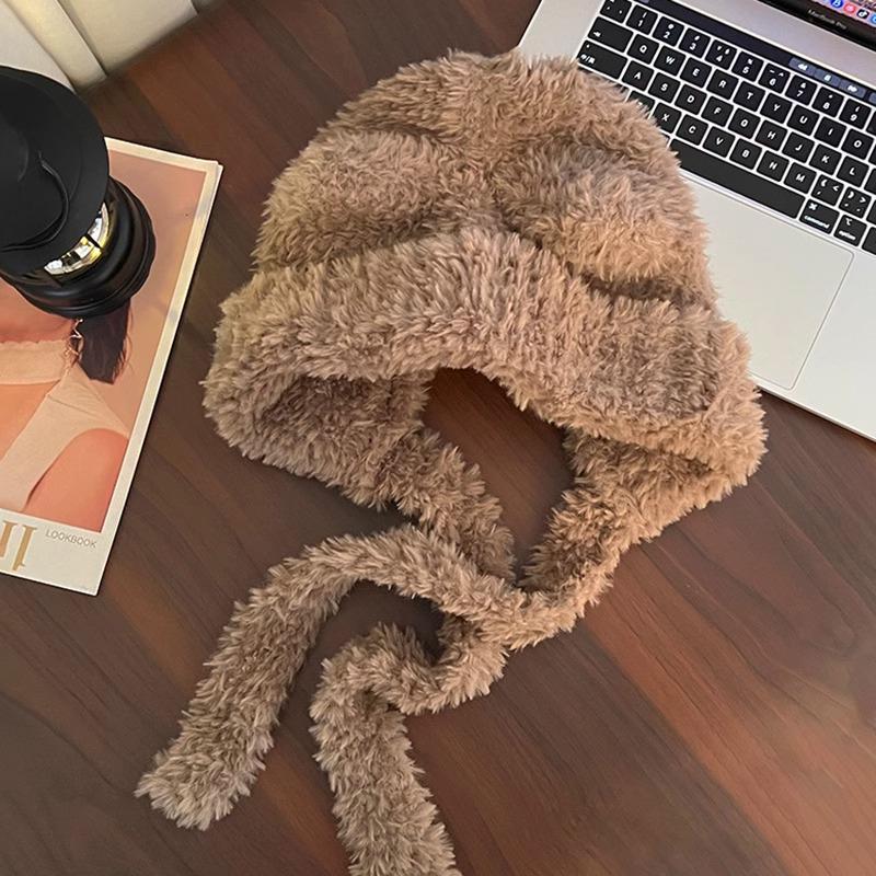 Căciulă caldă de pluș cu urechi de ursuleț și pisică, cu fundă, pentru femei – Protecție pentru urechi de toamnă/iarnă cu design cu față deschisă