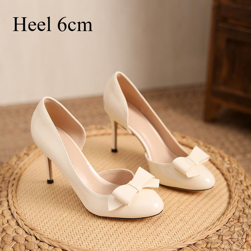 Women's Nude Side-opening High Heels with Stilettos, Beautiful and Elegant Patent Leather Bow Round-toed Single Shoes