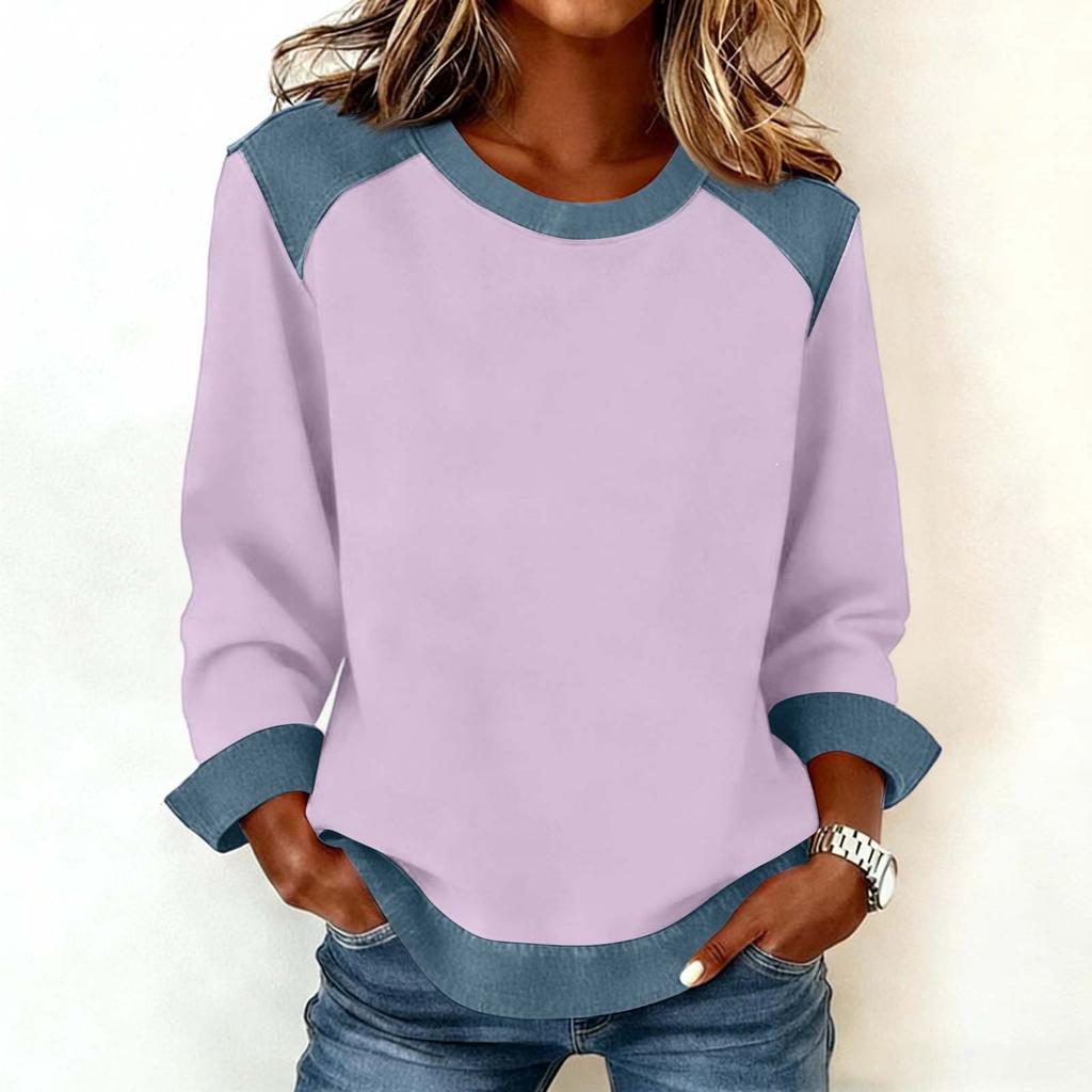 Damen Jeanskragen Patchwork Nähte Sweatshirt Lässig Pullover Langarmshirts
