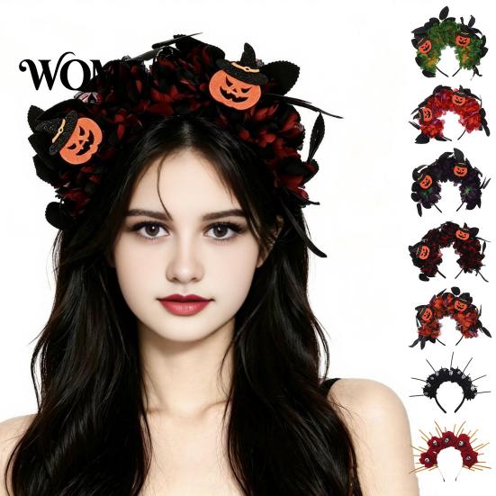 Pumpkin Witch Headband Halloween Floral Headband, Handmade 3D Shape Widened Fit Photogenic For Women Hair Hoop, Non-Slip with Decoration