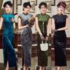 Temperament slim young lady wind flower dill satin long cheongsam 1011 spring and summer new daily wear new Chinese style