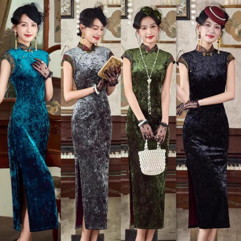 Temperament slim young lady wind flower dill satin long cheongsam 1011 spring and summer new daily wear new Chinese style