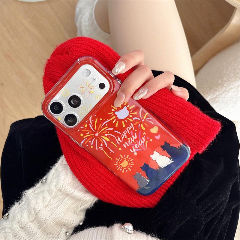 

New Year Fireworks Cat iPhone Case for 17 Pro Max/16/15/14 - Girly Heart Design 15Pro