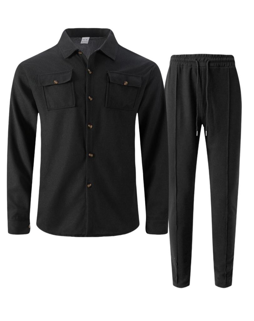 Men's Double-Pocket Waffle Two-Piece Set: Long-Sleeved Shirt and Pants for Autumn