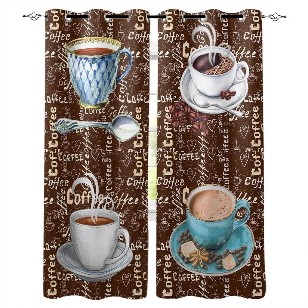 2panels Coffee Text Graffiti Black Background KitchenWindow Curtain for Living Room Bedroom Home Decor Kitchen for Window Drapes for daily use