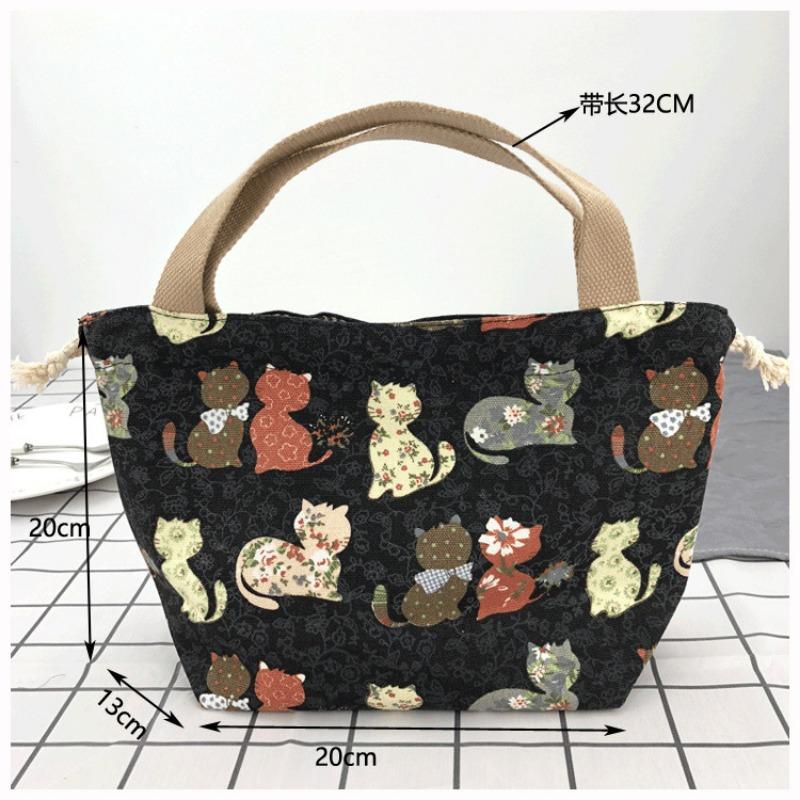 Japanese Cute Bento Bag Tote Handheld Canvas Lunch Bags Cartoon Anime Drawstring Bag Portable Foldable Holds Two Lunch Boxes