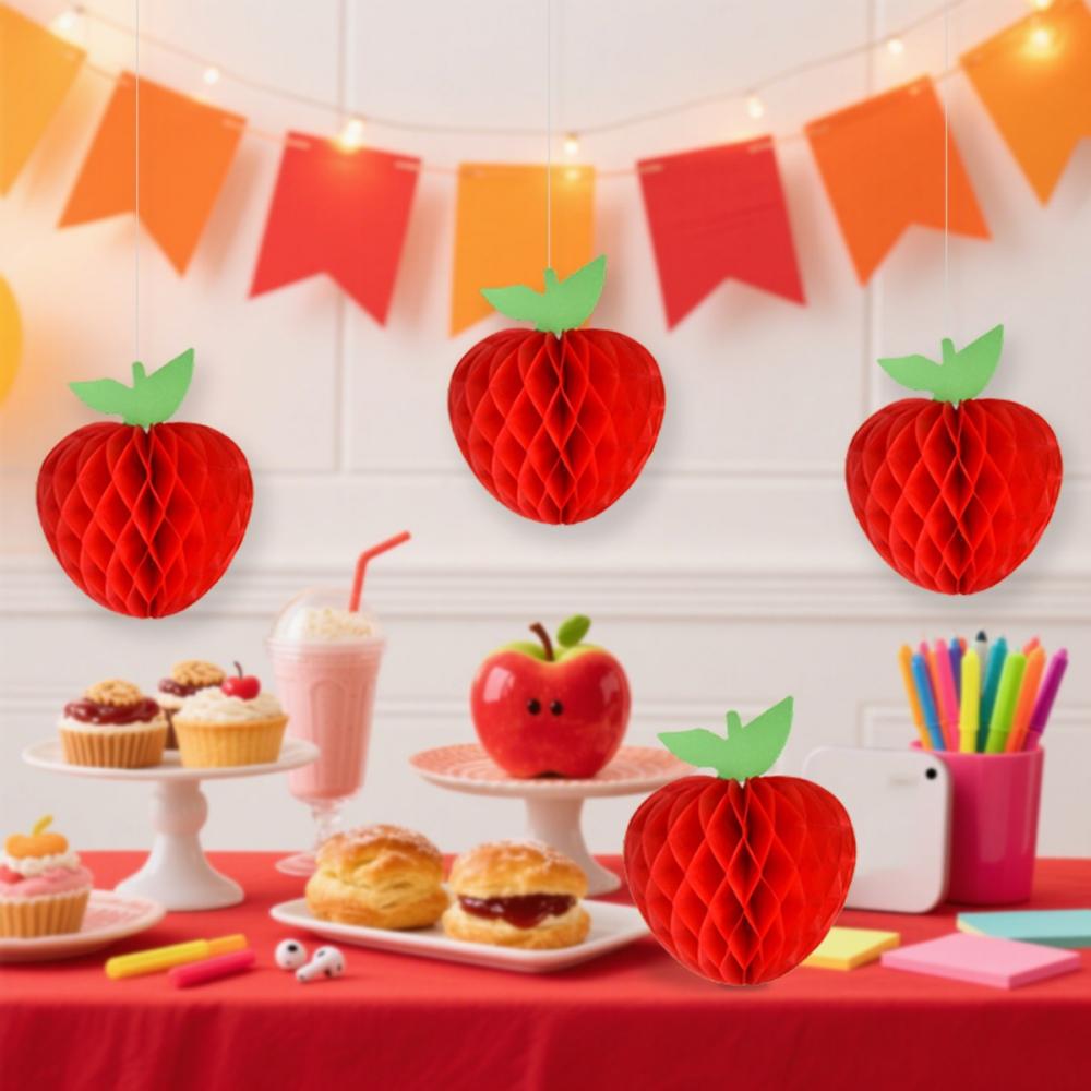 6Pcs10-20cm Red Apple Honeycomb Hanging Ornament for Birthday Back To School Carnival Christmas New Year Family Party Decoration 5