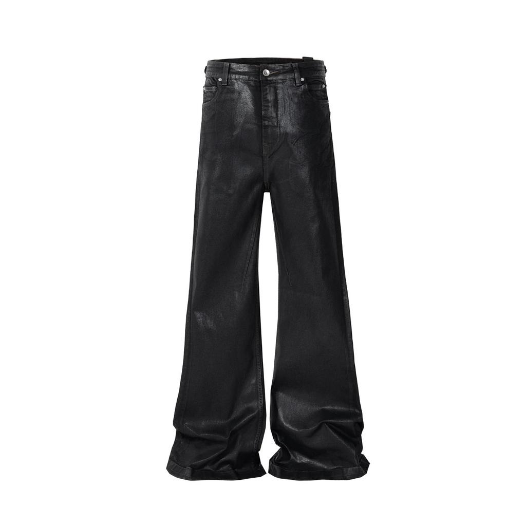 ZYLLO Streetwear Black Wax Leather Strecth Jeans for Men Ropa Hombre Baggy Y2k Flare Pants Oversized Straight Denim Trousers