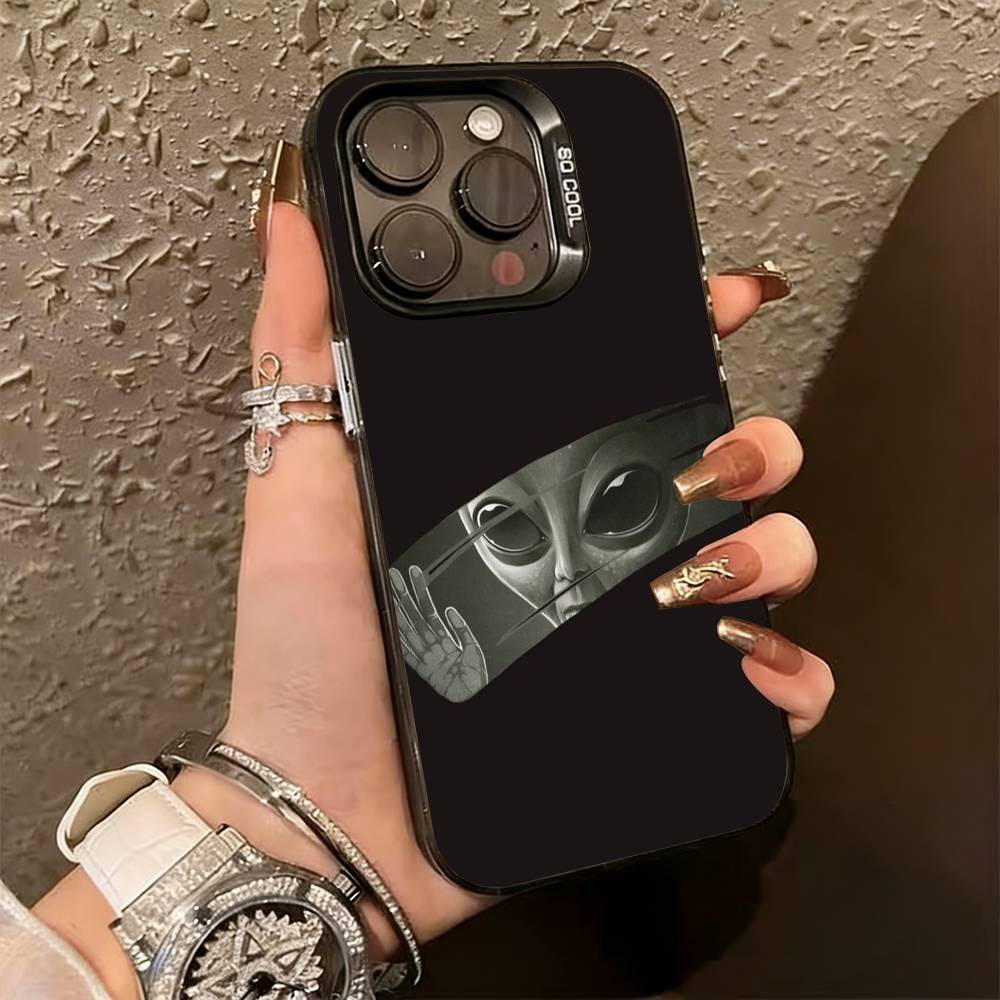 Funny Space UFO A-alien T-thing Phone Case For iPhone 17,16,15,14,13,12,11 Plus,Pro Max,XS,Colored Silver Plated Inside Cover
