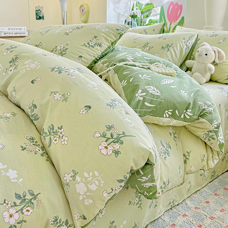 

Thickened Pure Cotton Four-piece Set Small Fresh Cotton Skin-friendly Naked Sleeping Sheets Quilt Cover Bedding 1.2m three-piece set