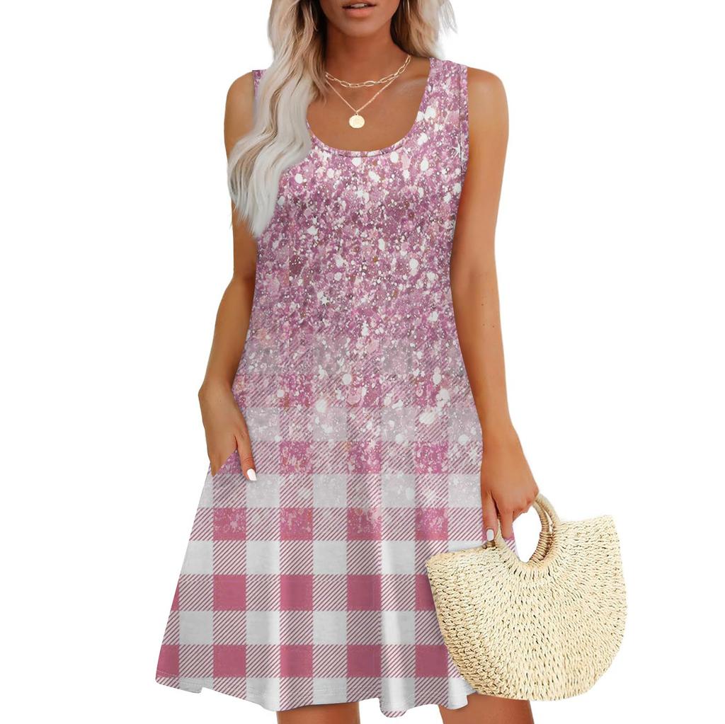 Robe d'été décontractée à col carré pour femmes, patchwork imprimé, robe sans manches avec poches