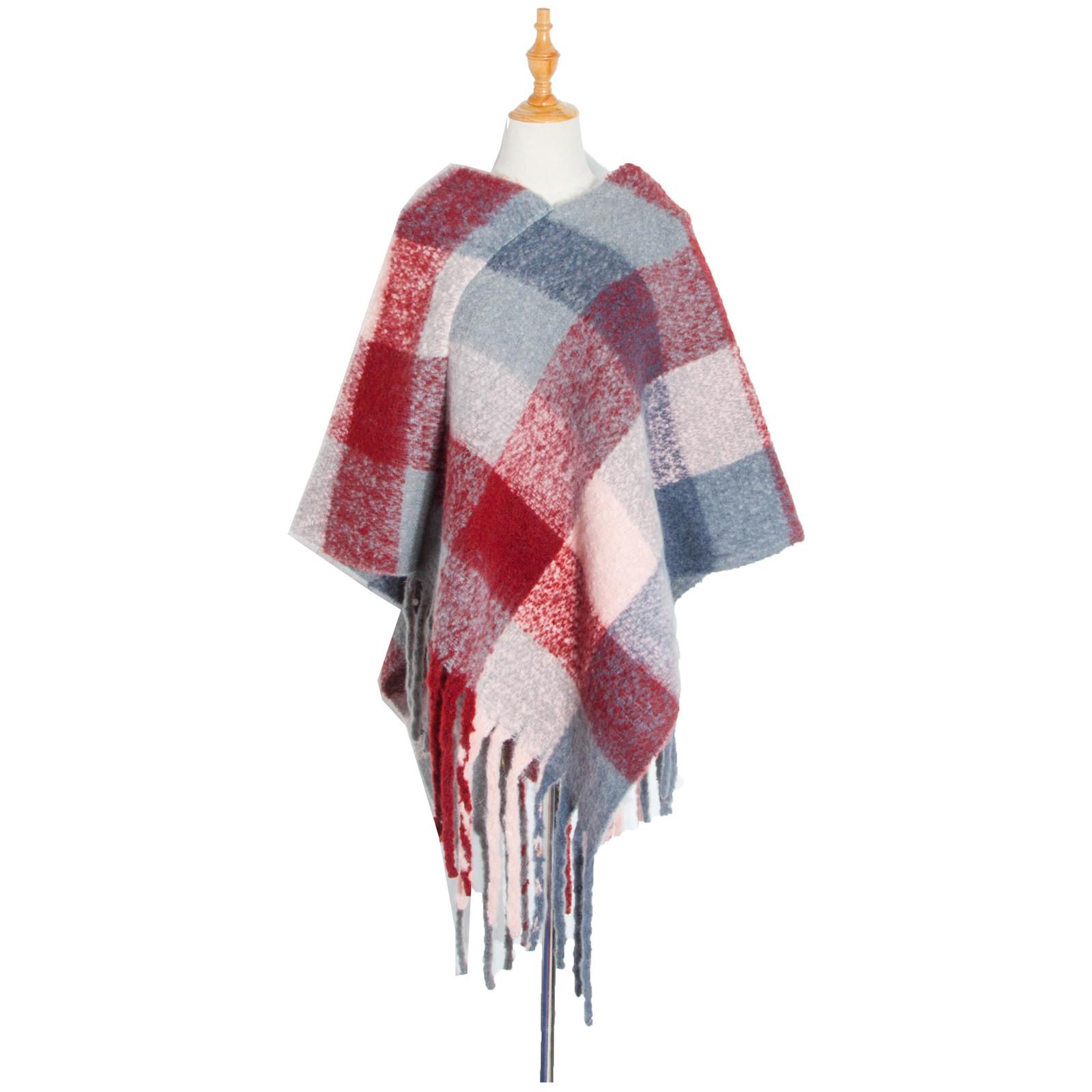 

Зимняя женская круглая пряжа, толстая накидка с кисточками, толстый цветной клетчатый шарф-шаль винный