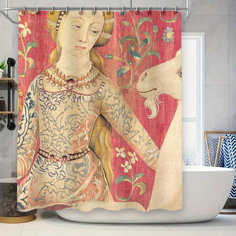 

European Vintage Floral Pattern Shower Curtain Embroidered Fabric Bath Decoration Home Decor Washable Waterproof Bathroom Access W60H190(CM)-1 Pcs