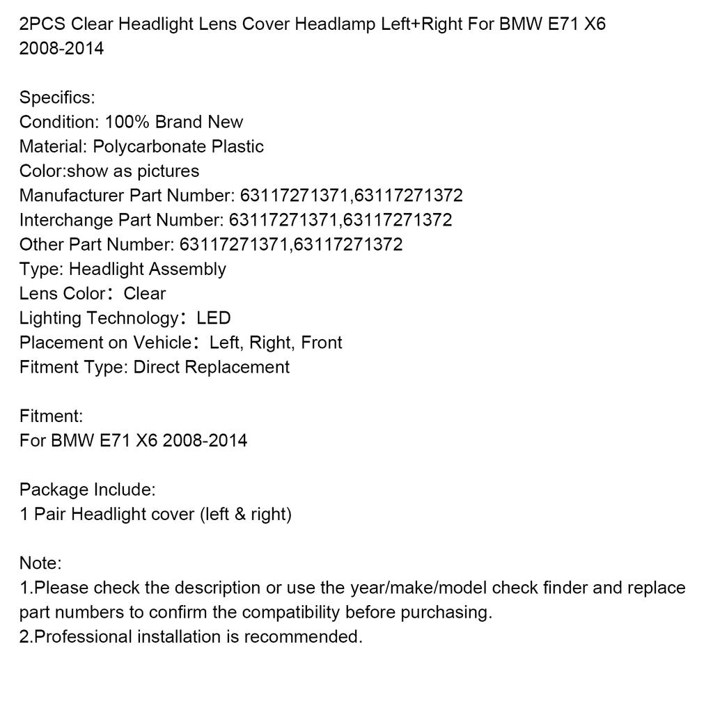 2PCS Clear Headlight Lens Cover Headlamp Left+Right For BMW E71 X6 2008-2014