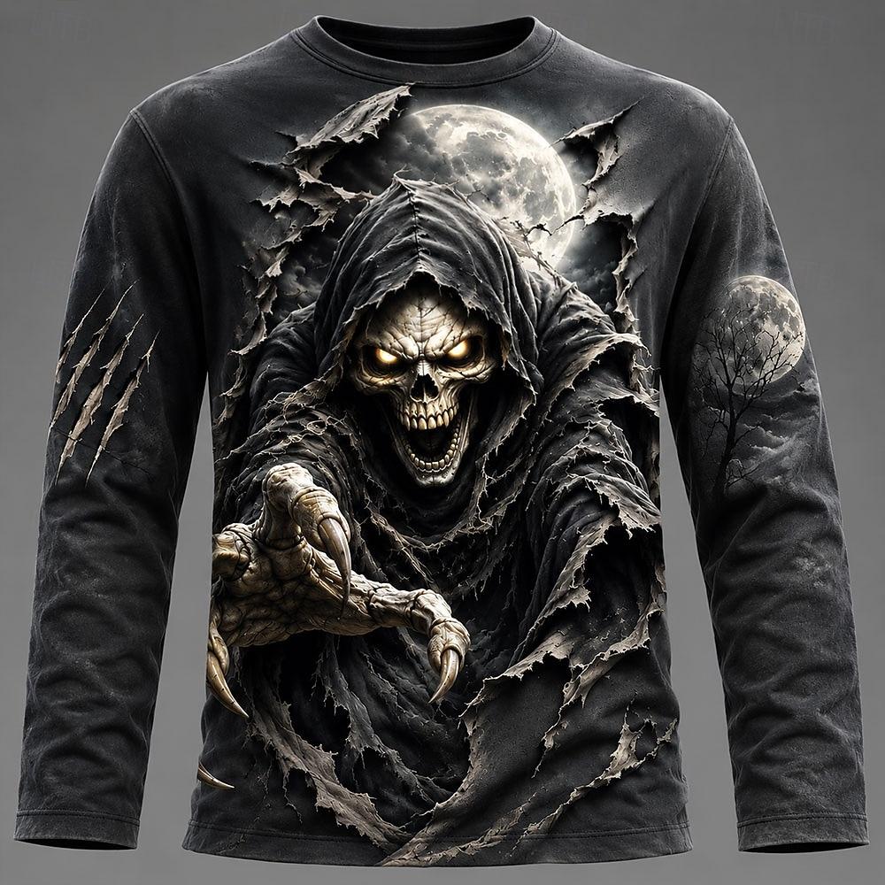 Halloween Men's 3D Printed Long-Sleeved T-Shirt Horror Skull Pattern Base Shirt Festival Gift Cosplay Men's T-Shirt Streetwear