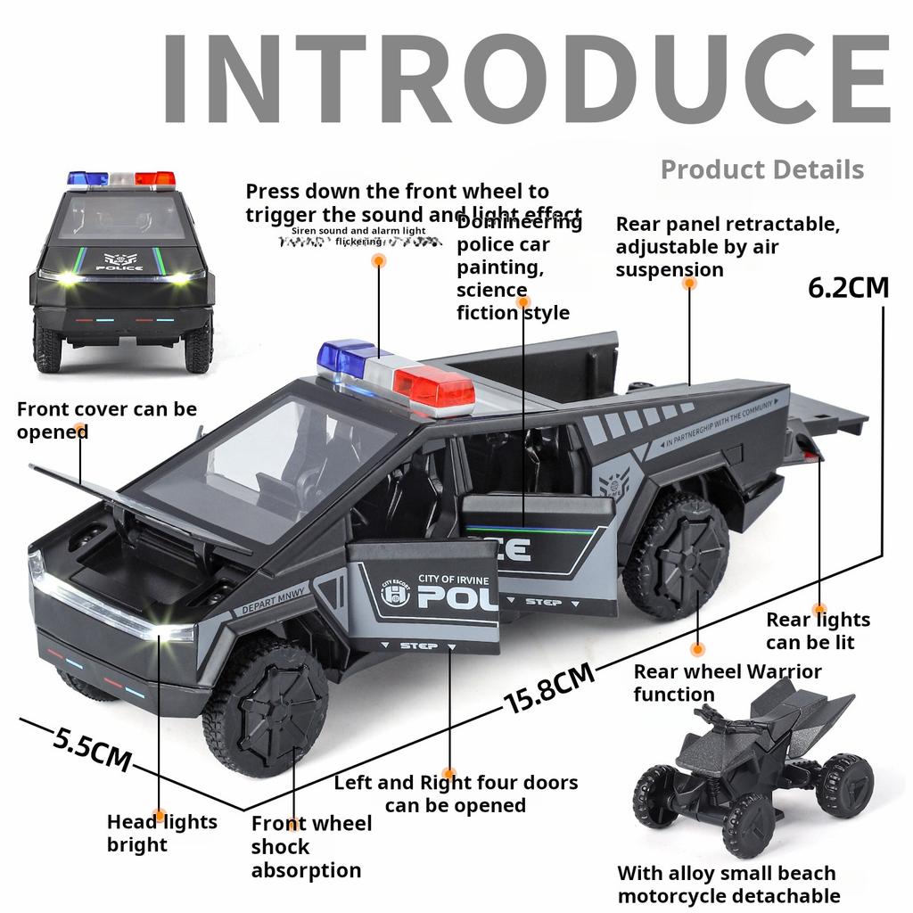 1: 32 Tesla Pickup Truck Police Car Alloy Model Sound And Light Effects Parent-Child Fire Drill Toys Gifts And Ornaments