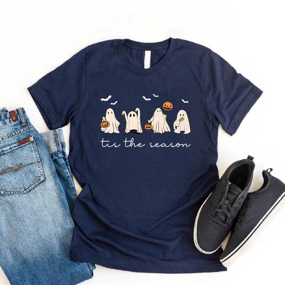 Tis The Season Halloween T Shirt Retro Ghost Tshirt Women's Halloween Tee Short Sleeve Casual T-shirts Pumpkin Season Shirt Top