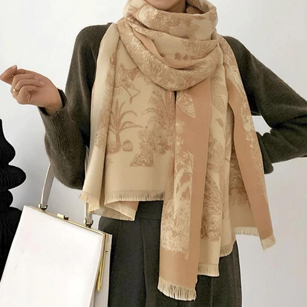 Elegant Floral Cashmere Scarf Women Winter Warm Shawl Thick Luxury Blanket Wrap Pashmina Bufanda Fringes Foulard Long Muffler