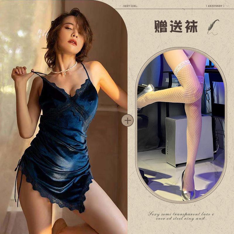 Night listening incense new sexy underwear velvet cross lace-up nightdress backless slit temptation pajamas passion loungewear