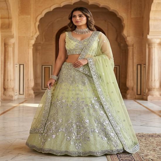 Enchanting Sage Green Embroidered Lehenga Choli Set FREE SIZE