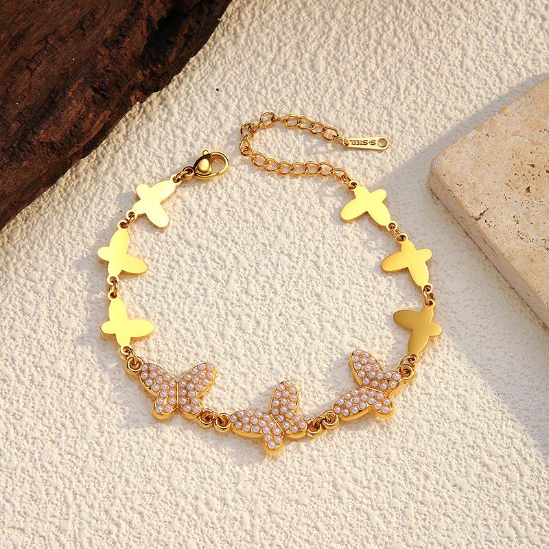 European and American fashion high-end sense multi-element inlaid pearl bracelet niche design butterfly love stainless steel jewelry
