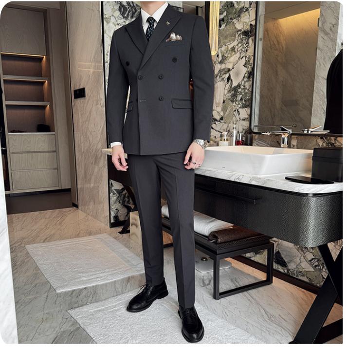 Herren Langarm Schleifenhals Zweireiher Anzug, High-End Business Casual einfarbiger Anzug