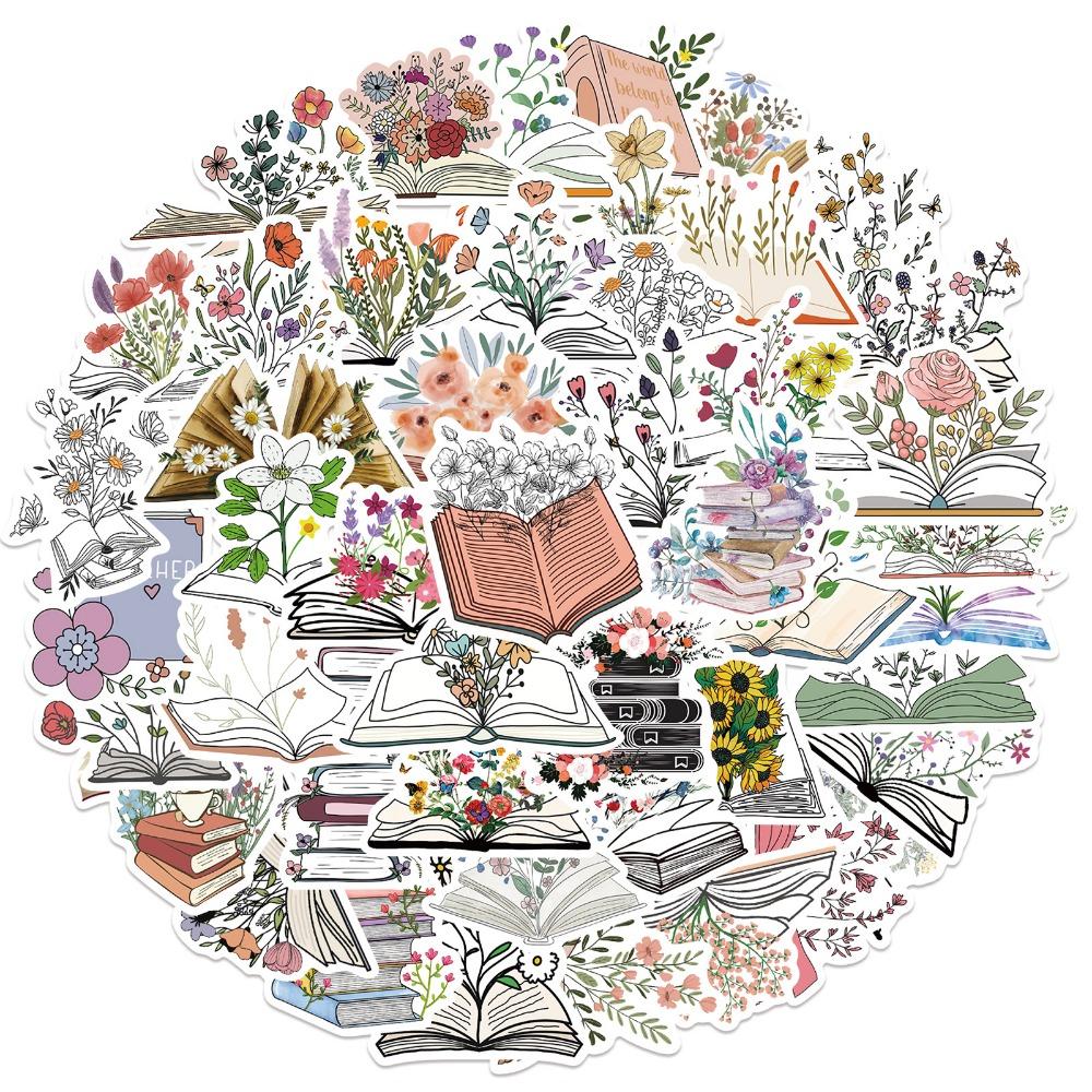 50pcs Cartoon Flower In Book Sticker Aesthetic Phone Bike Wall Scrapbook Motorcycle Waterproof Sticker for Kids Toys Gifts