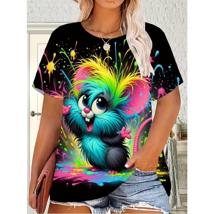 XL-7XL Plus Size Women's Casual Owl 3D Print Loose Round Neck Short Sleeved T-shirt Top