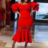 Women Sexy Lace Off Shoulder High Waist Mermaid Evening Party Midi Dress