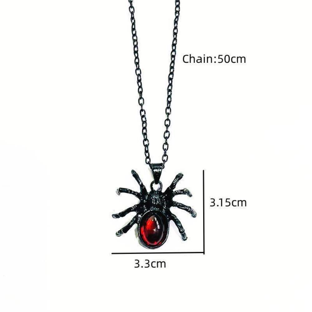 Gothic Punk Sliver Color Simulation Spider Insect Red Oval Crystal Pendant Necklace for Women Men Hallowmas Jewelry Accessories