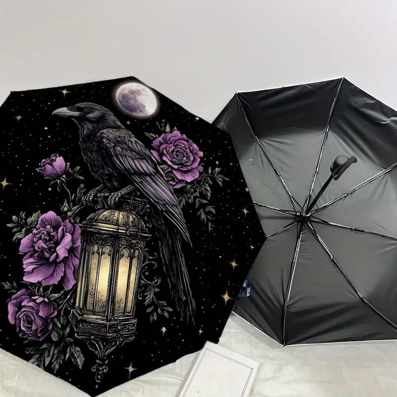 1pc Moonlit Raven with Purple Roses Umbrella with Plastic Handle,Suitable for All Seasons Home Travel Outdoor UmbrellaDD1530