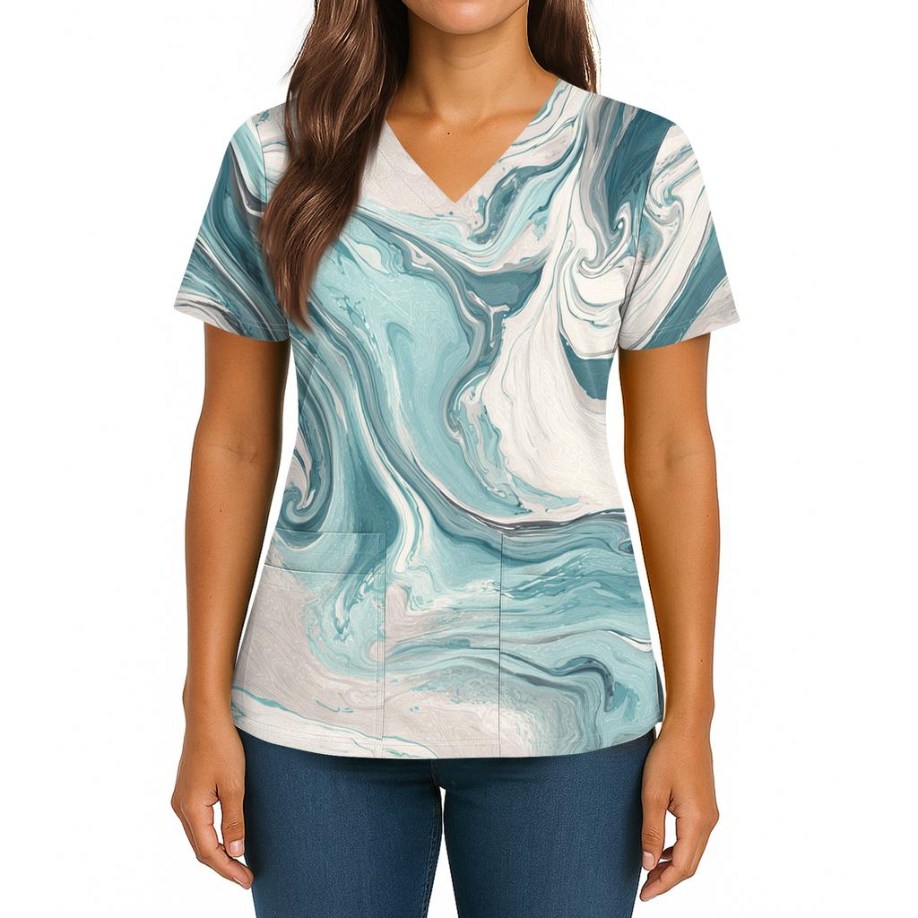 Women's Gradient Print V-Neck Double Pocket Short Sleeves Hem Slit Uniform Caregiver Top