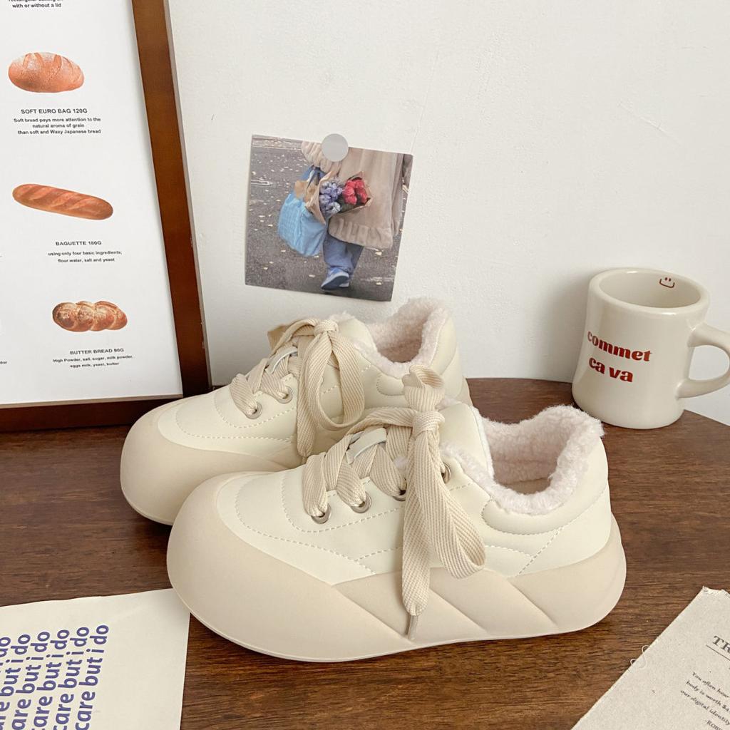 Milk White Velvet Female Ugly Cute Winter New Chic Niche Cotton Shoes Big Head Two Cotton Bread Shoes Board Shoes