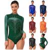 Collants Femininos de Gola Alta Manga Longa Transparentes com Strass Brilhantes Roupas de Performance de Ginástica
