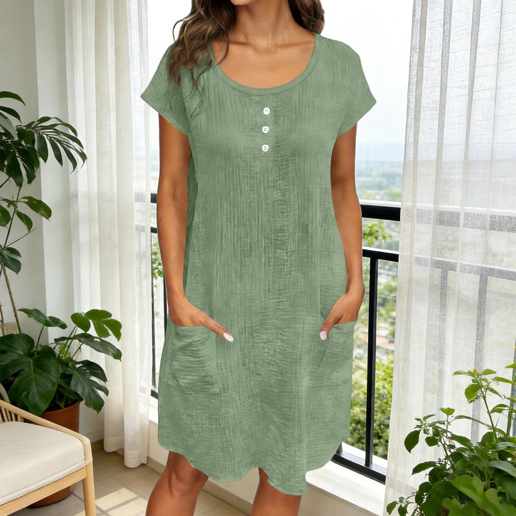 Women Short Sleeve Button Front Casual Loose Fit Dress with Pockets Round Neck Summer Lightweight Tunic Dress