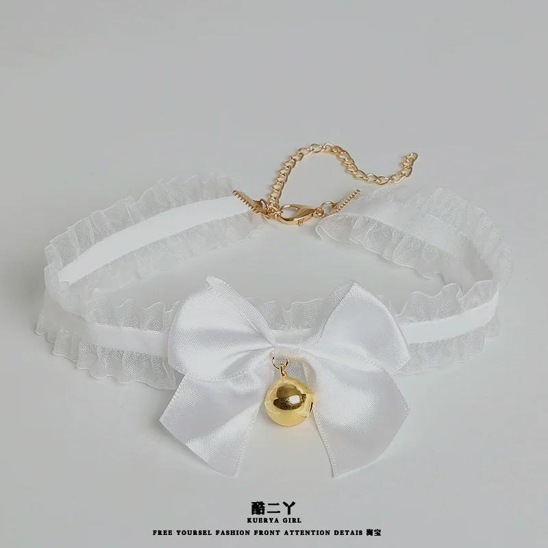 Lace Bell Choker Neck Collar with Wristband, Cute Cat Ear Maid Style Clavicle Chain Fashion Accessories
