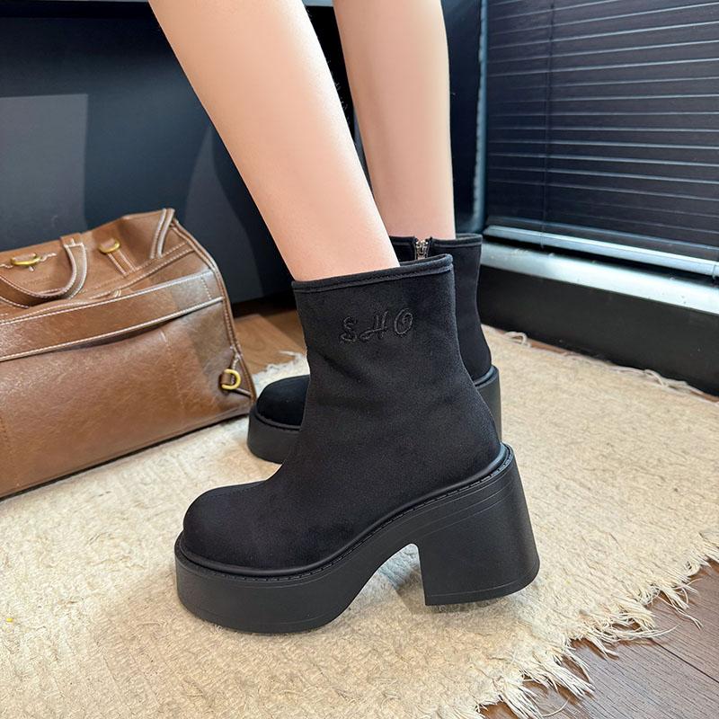 New Women's Platform Boots Autumn Suede Fashion Ankle Boots Elastic Slip On Woman Shoes Casual Solid Chunky High Heel Boots