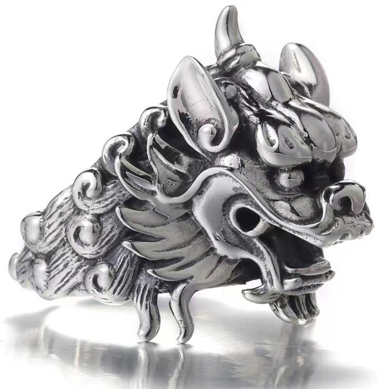 Retro Thai Silver Chinese Tang Lion Adjustable Ring for Men