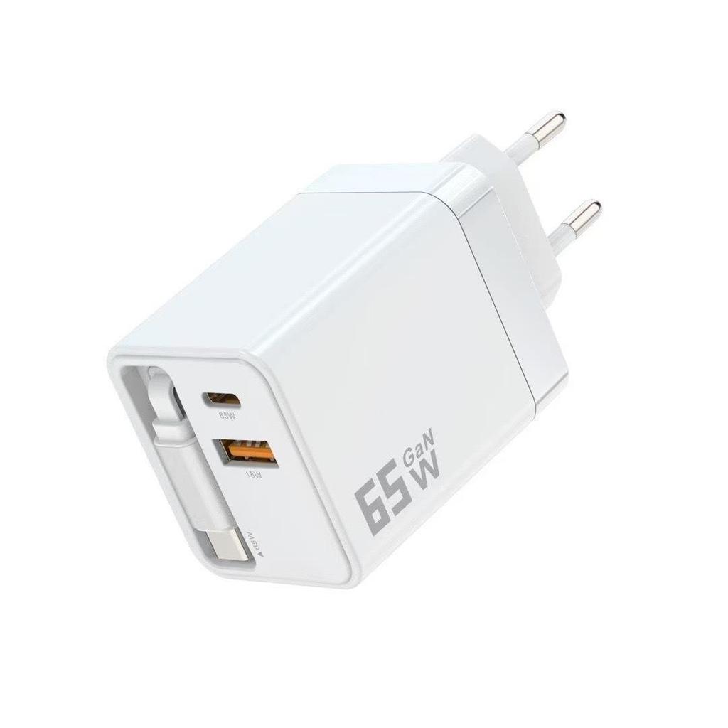 65W Dual Port PD Charger with Retractable Type-C Cable for Fast Charging (A+C)