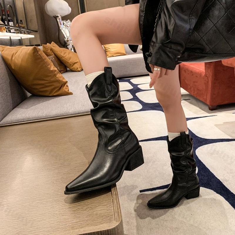 High Quality Women's Boots Autumn 2026 Fashion Pointed Mid-calf Chelsea Boot Pleated Leather Women Knee Boots Banquet Party