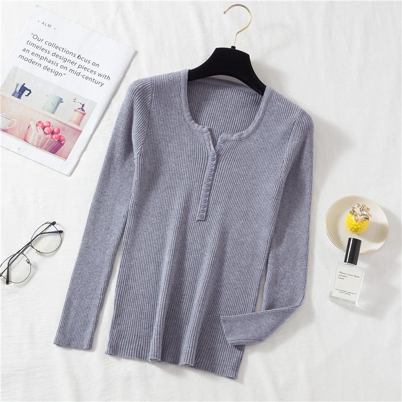 

Новый осенне-зимний облегающий ретро пуловер с V-образным вырезом для женщин, тонкий трикотажный базовый топ с длинным рукавом One size серый