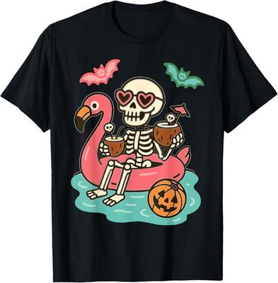 Funny Summerween Skeleton Floating In Flamingo Cute Spooky T-Shir Unisex T-Shirt